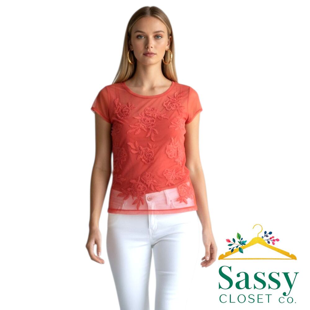 INC Coral Pink Floral Embroidered Mesh Sleeve Top Medium Lined